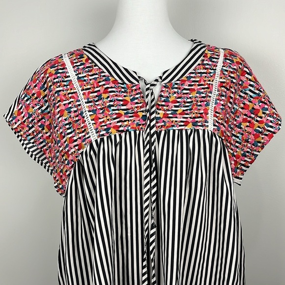 Savanna Jane Striped Multi Color Embroidered Boho Peasant Flowy Popover Top Sz L - Picture 5 of 11